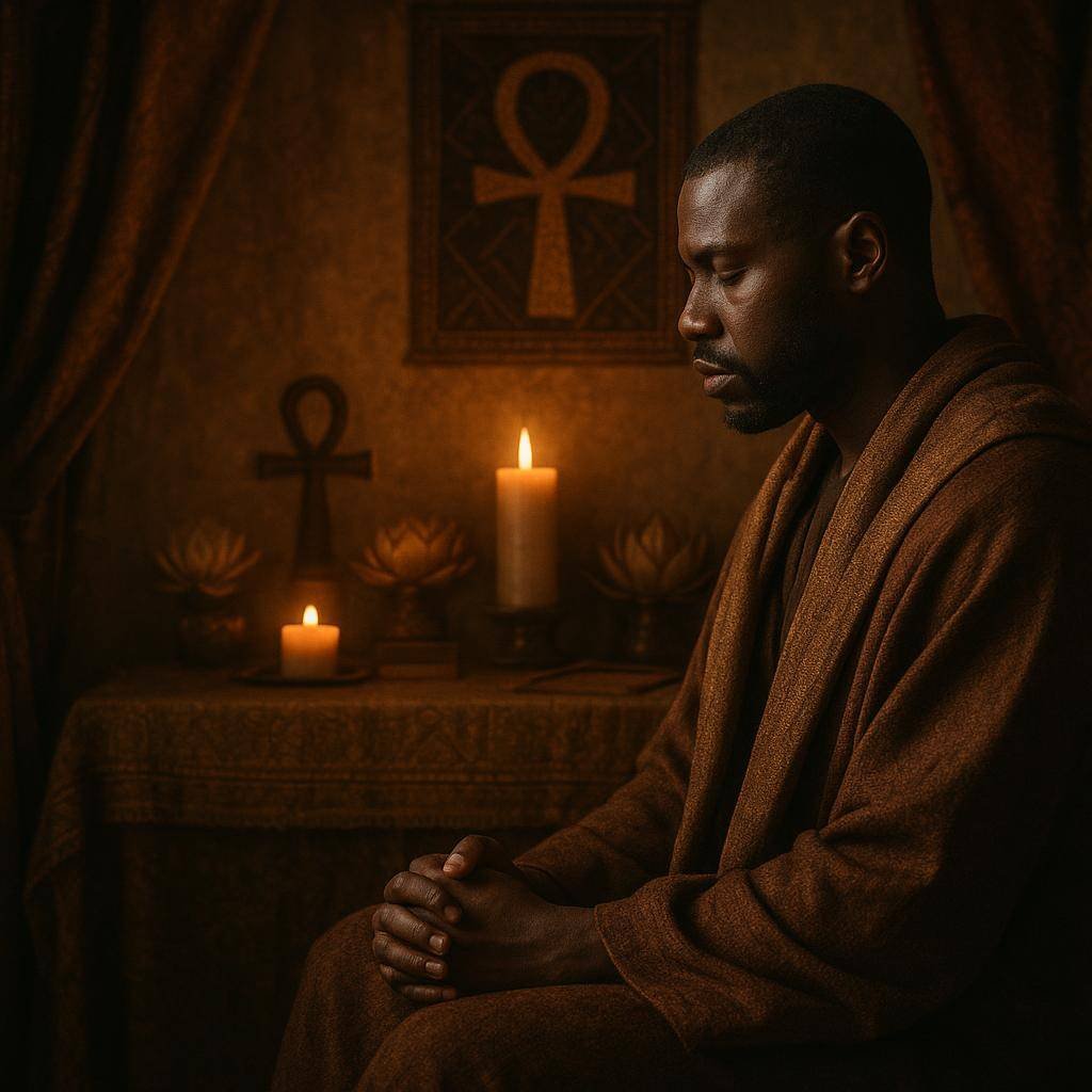 A Black man in a sacred, candlelit space reflecting on mental health and faith, surrounded by spiritual symbols and textures, evoking a sense of dignity and empowerment.