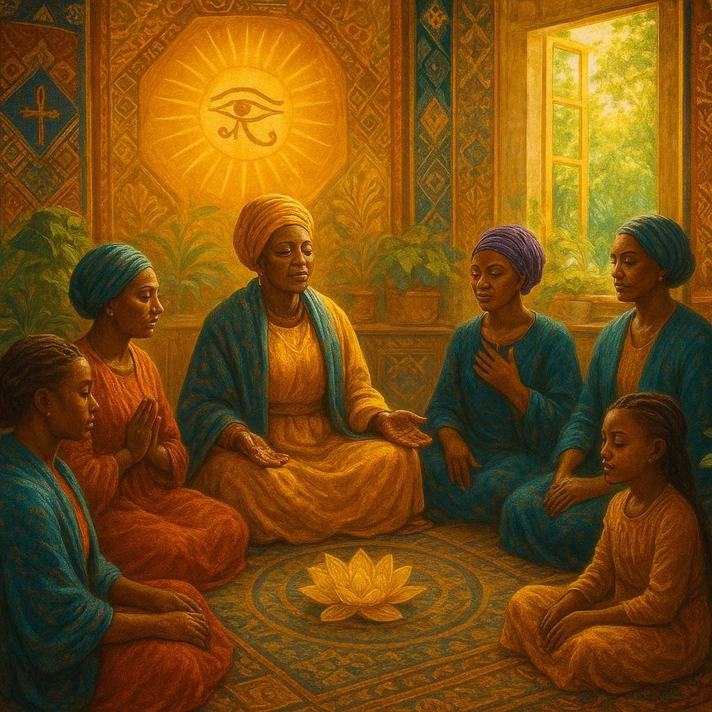 A radiant healing circle with Black women and elders, embodying spiritual sovereignty and support, in a bright sunlit room filled with plants and ancestral symbols.