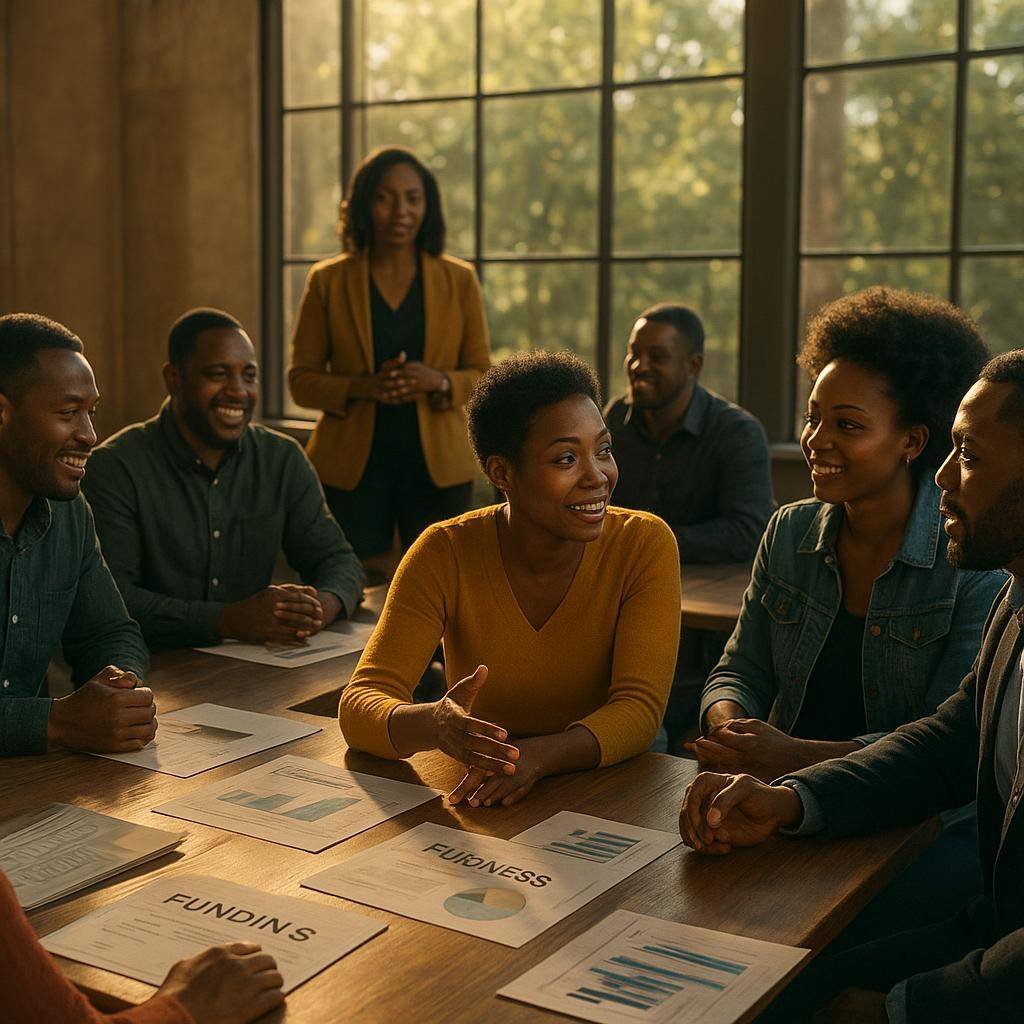 A community meeting of Black entrepreneurs discussing education and funding opportunities for startups, symbolizing support for Black economic independence.