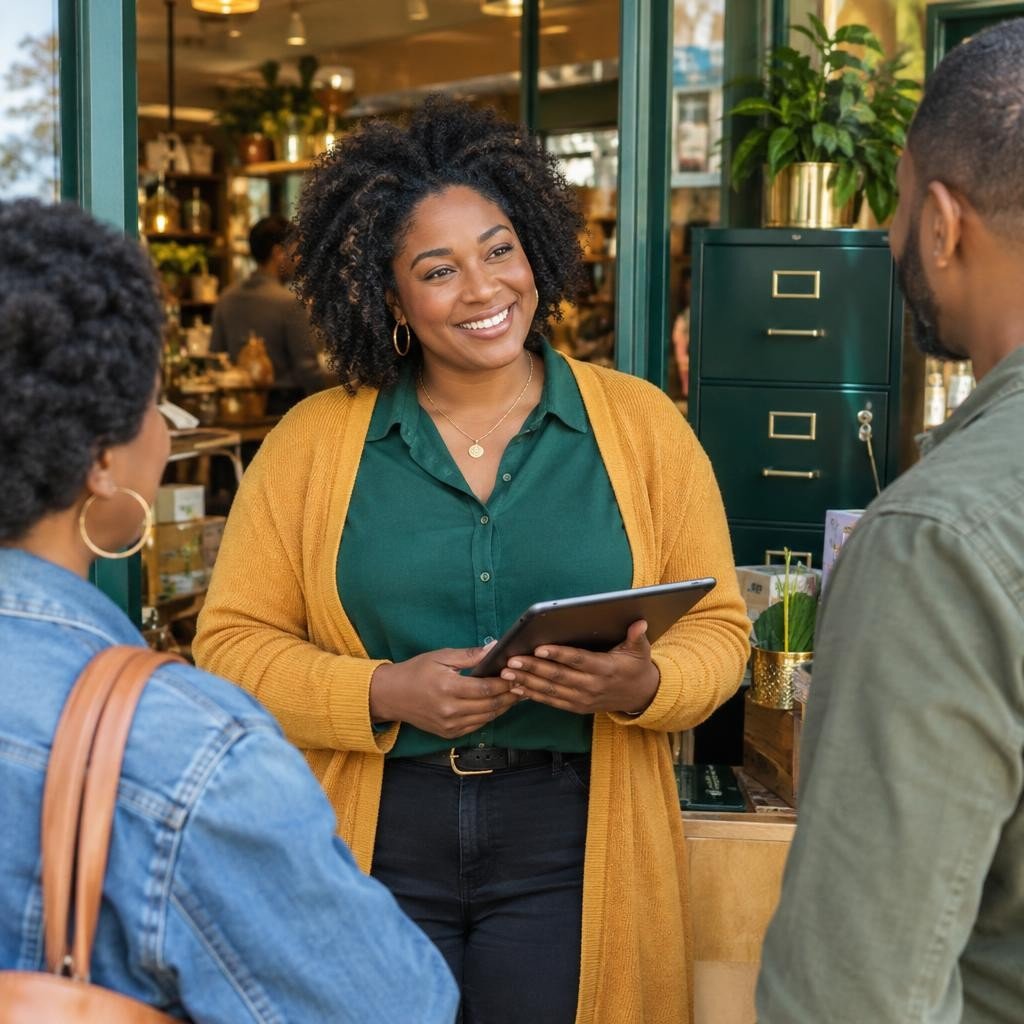 A Black business owner proudly serves customers outside their vibrant storefront, embodying entrepreneurship and community empowerment.