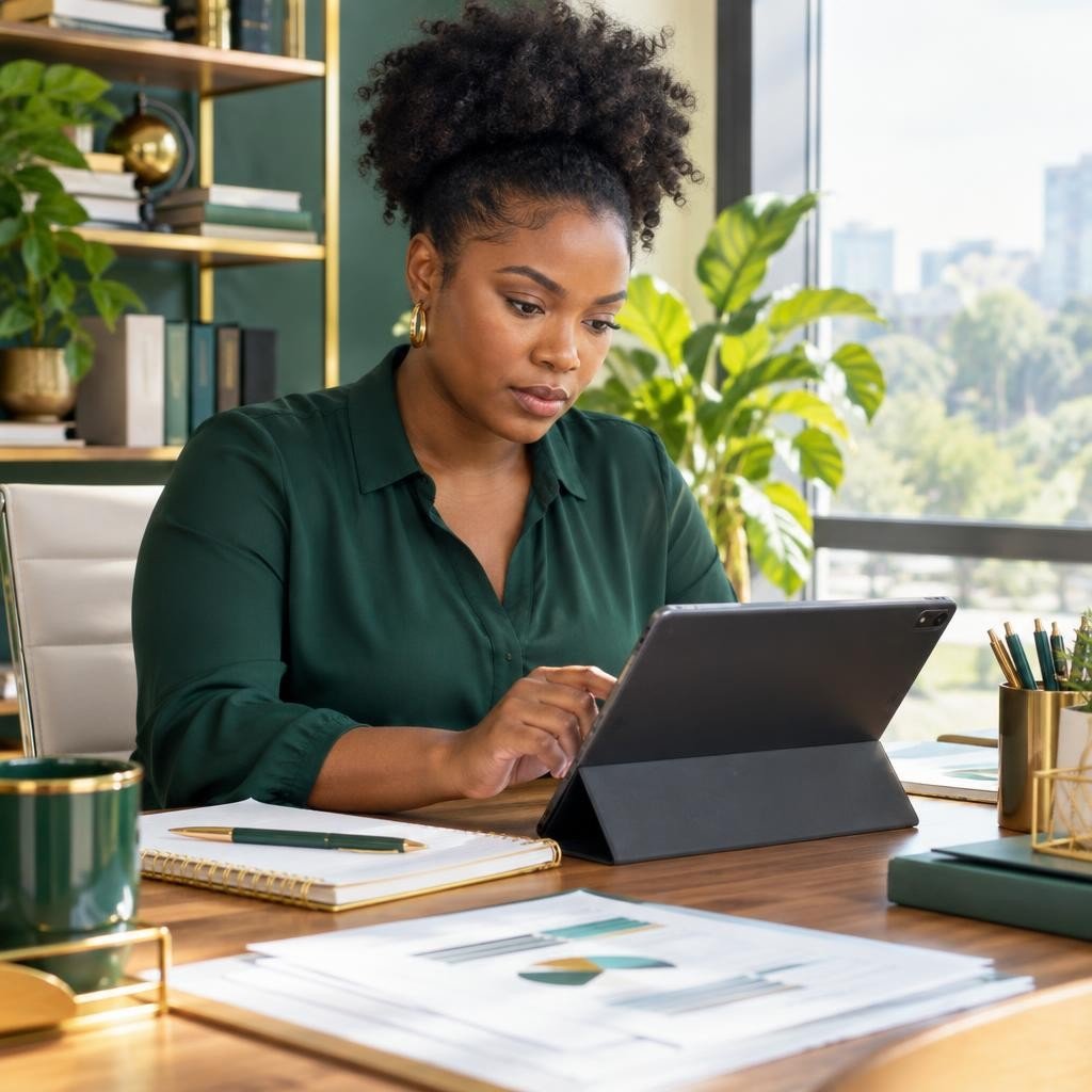 A Black entrepreneur working on a tablet in a bright, organized office, showcasing digital tools for business management.