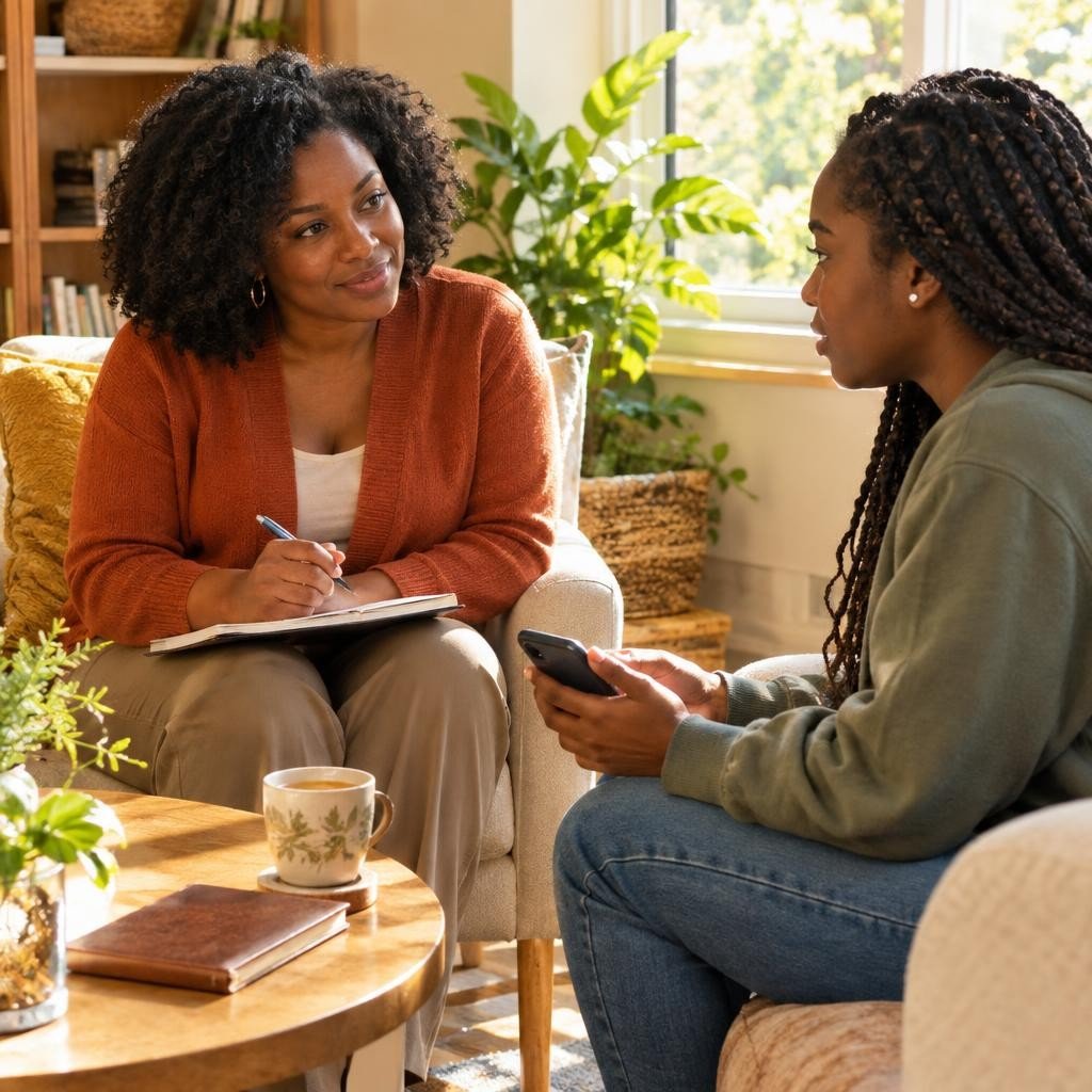 A Black woman therapist engages with a Black teenage girl in a sunlit therapy session, discussing social media's impact on mental health.