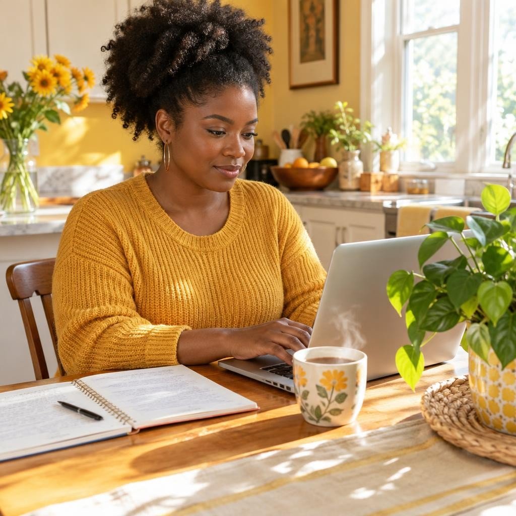 A Black woman seated at a table with her laptop and a notebook, exuding focus and calm in a sunny kitchen setting.