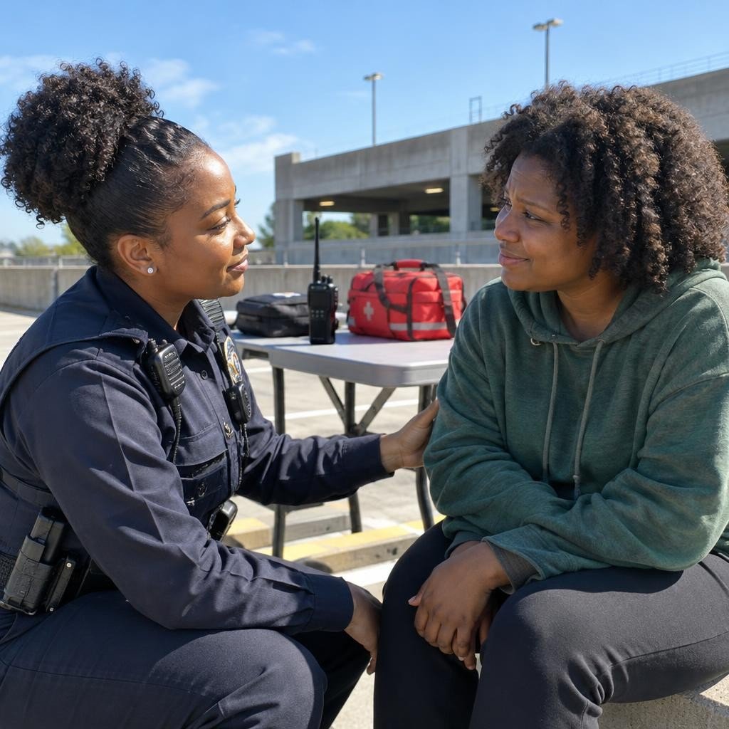 A Black woman police officer providing assistance to a distressed Black individual at a parking garage, highlighting community support during a mental health crisis.
